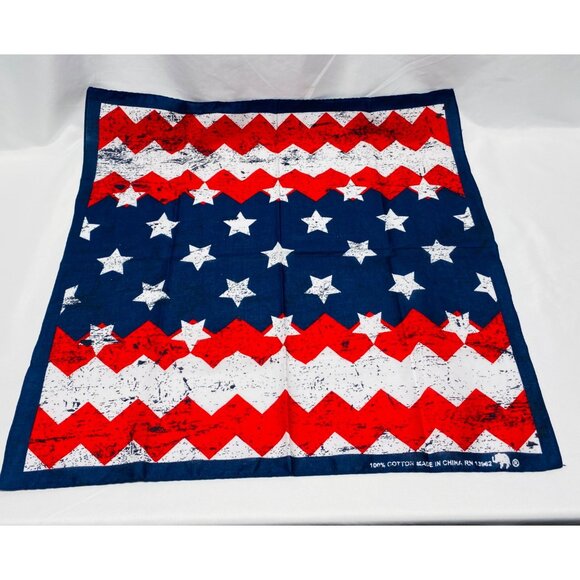 Patriotic Red White & Blue Bandana 100% Cotton Stars & Zigzag Print  Square - Picture 1 of 12
